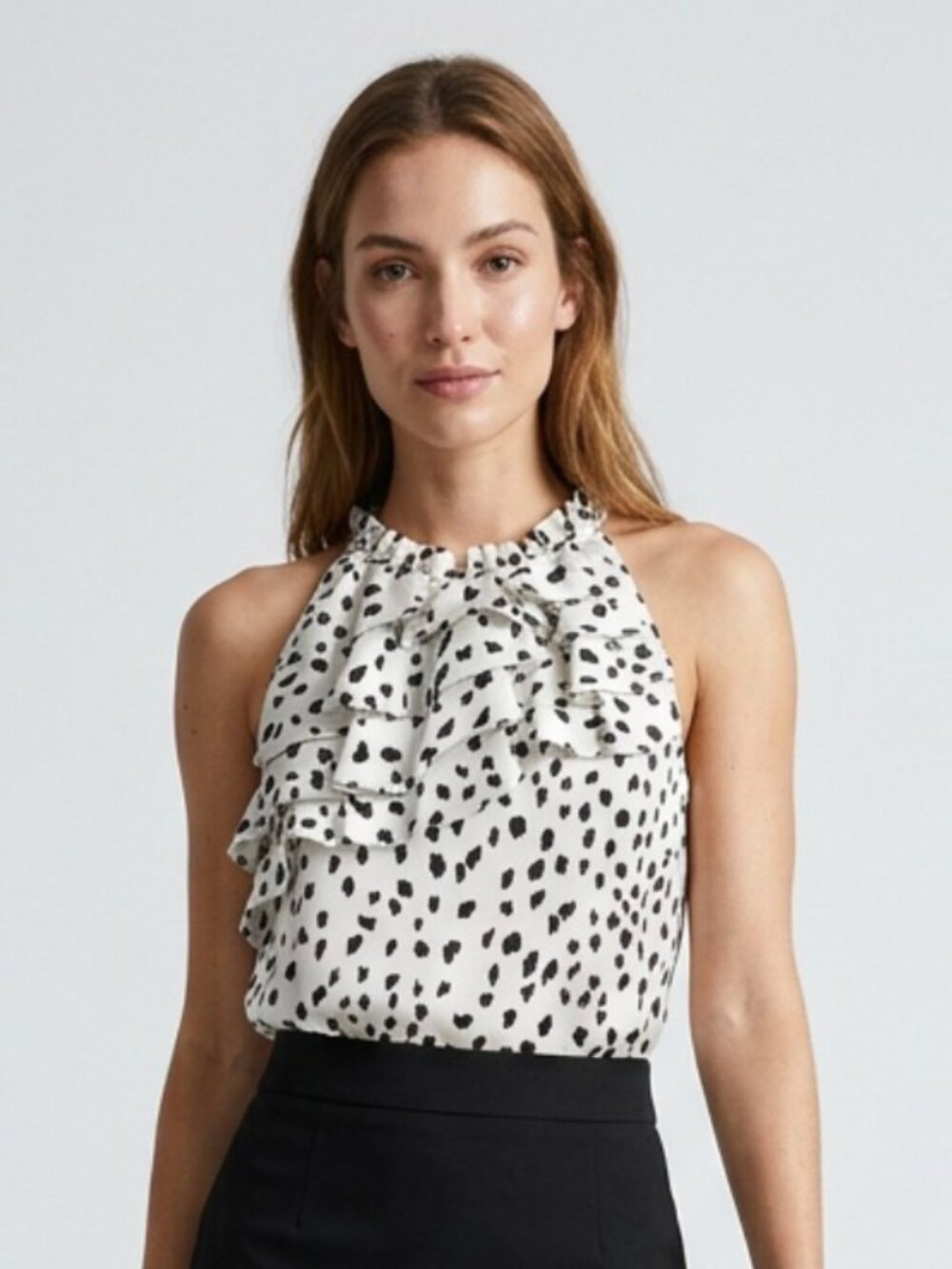 SAINT TROPEZ WEST Black and White Ruffled Halter Blouse Sz MP